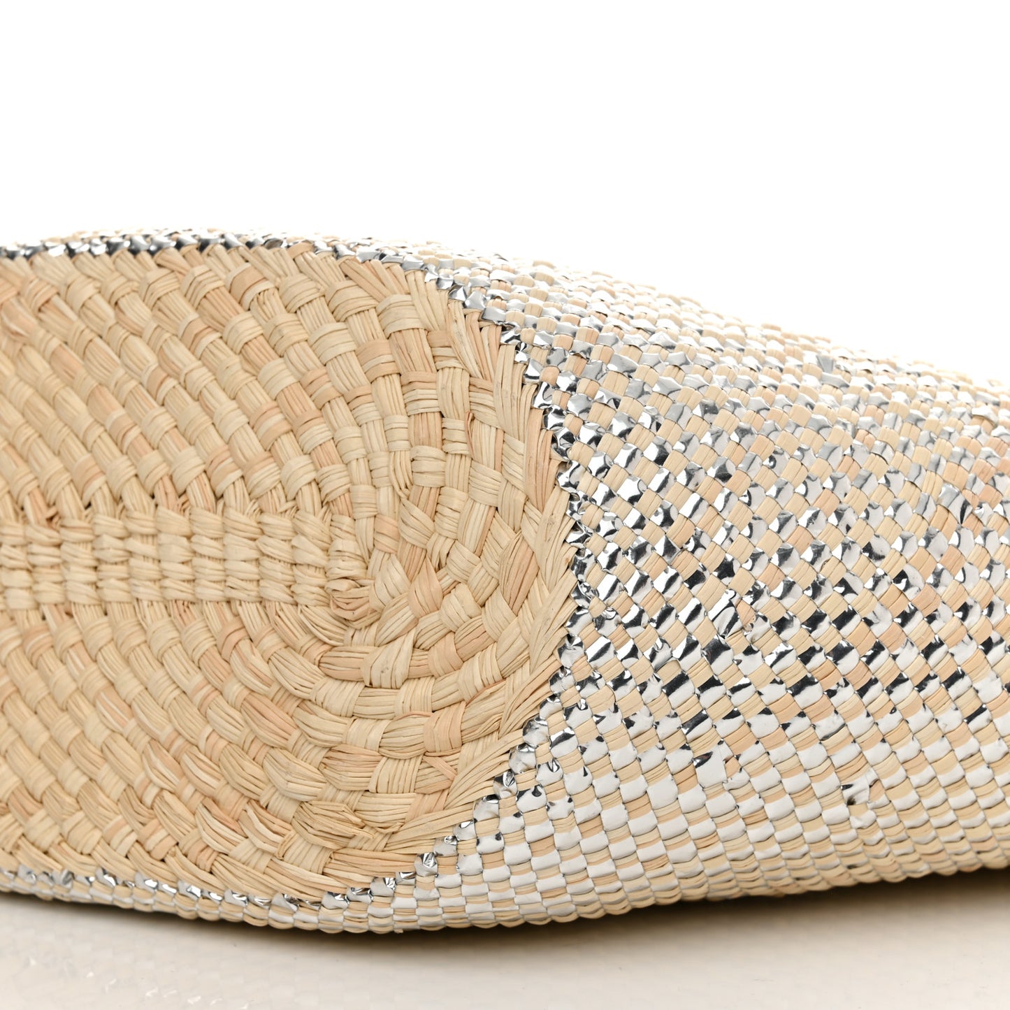 Calfskin Raffia Paulas Ibiza Sparkling Metallic Anagram Basket Tote Bag Natural Silver