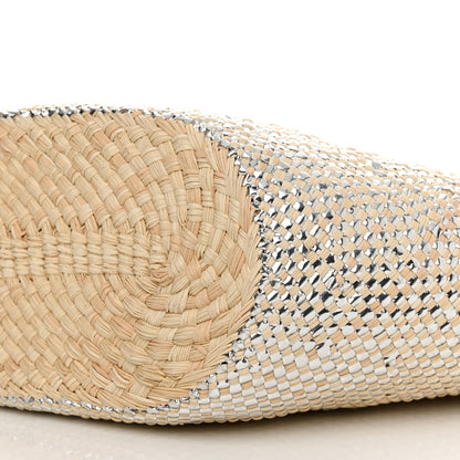 Loewe Calfskin Raffia Paulas Ibiza Sparkling Metallic Anagram Basket Tote Bag Natural Silver 9 of 9