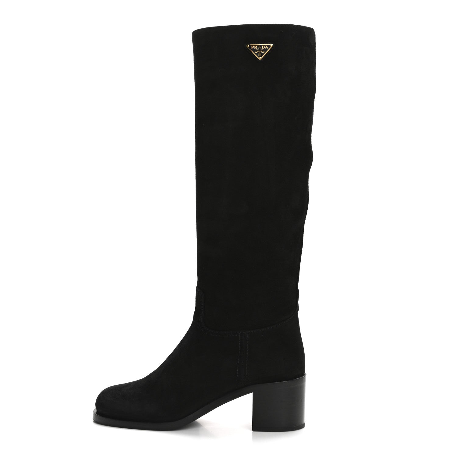 Prada Suede Metal Triangle Logo Knee Boots 38 Black 1 of 8