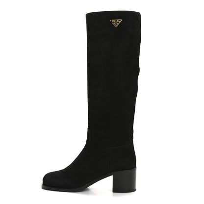 Prada Suede Metal Triangle Logo Knee Boots 38 Black 1 of 8