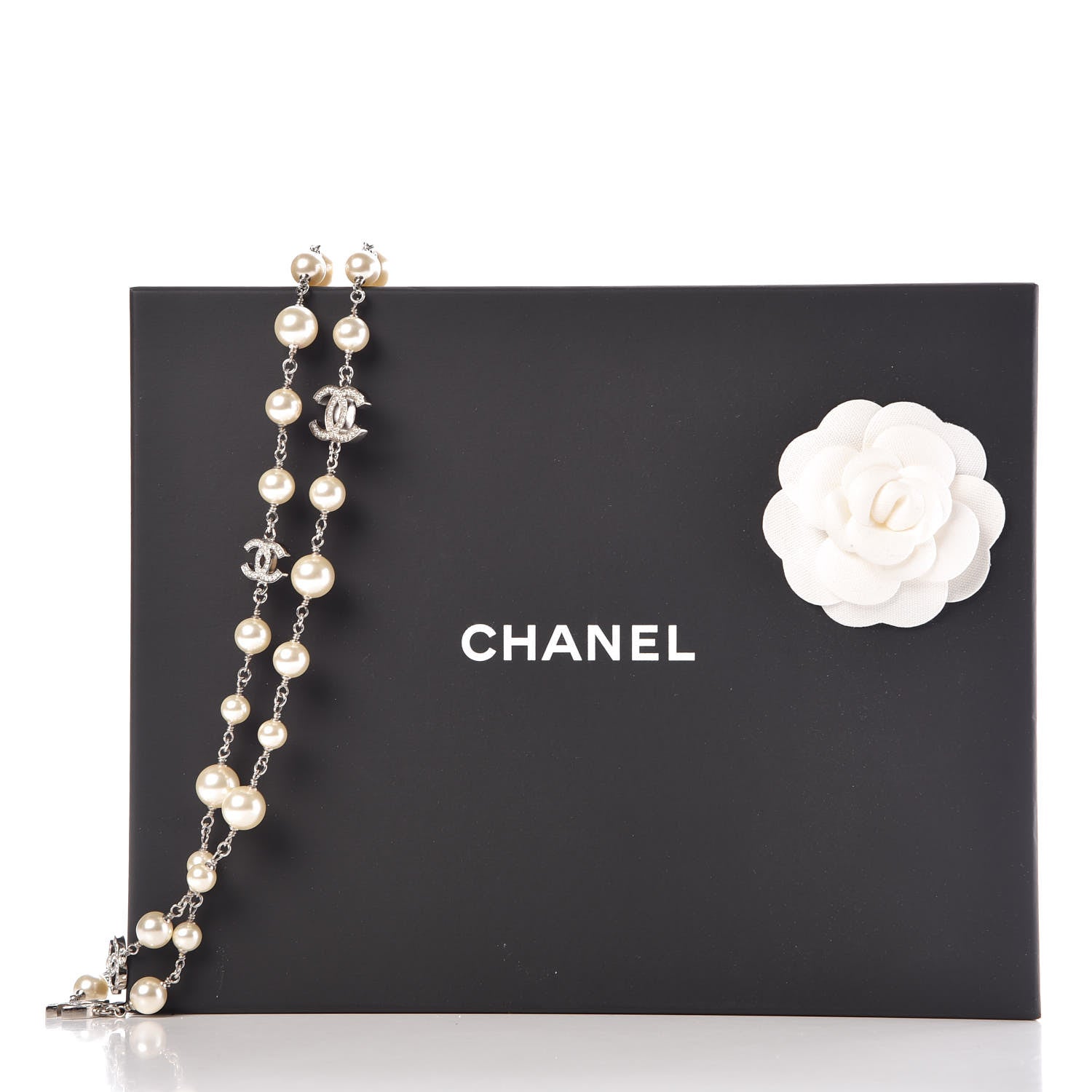 Chanel Crystal Pearl CC Long Necklace Silver 5 of 5