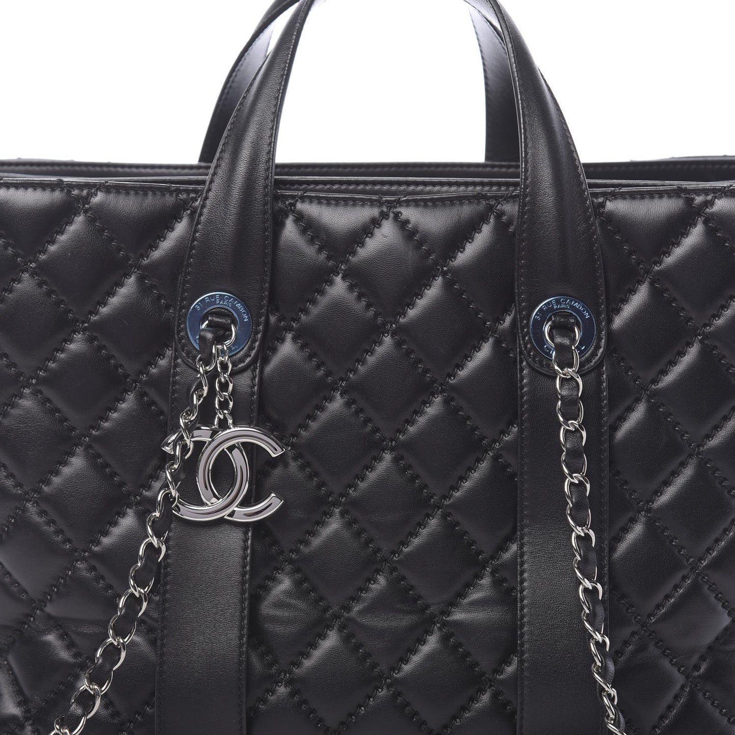 Lambskin Quilted Large Easy Carry Shopping Tote Black