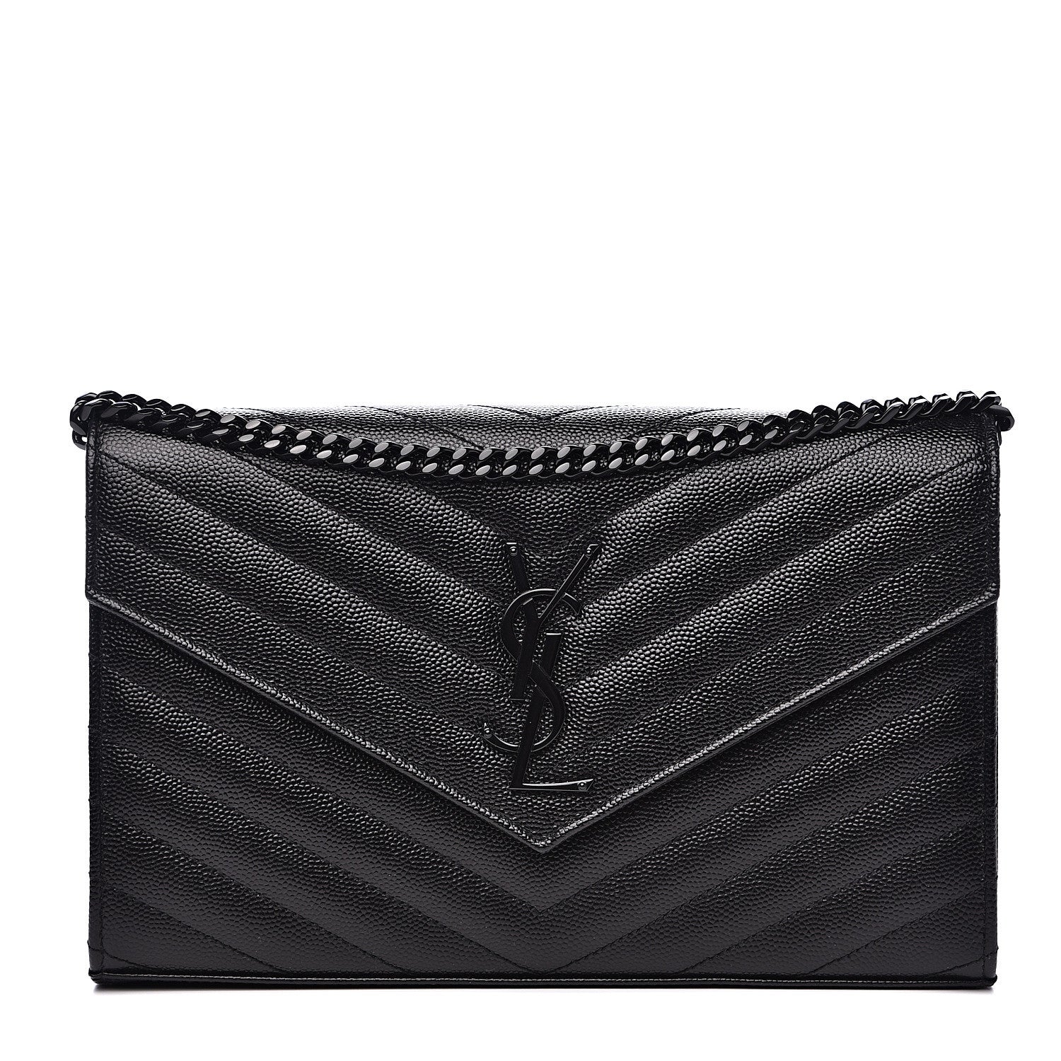 Saint Laurent Grain De Poudre Matelasse Chevron Monogram Chain Wallet Black 1 of 8