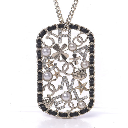 Chanel Lambskin Pearl Strass Sergeant Chain Dog Tag Charm Necklace Gold 4 of 6