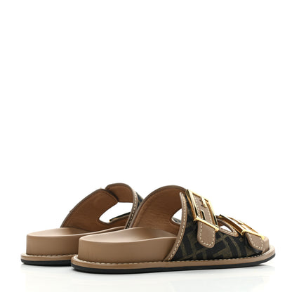 Fendi Fabric Jacquard Nappa FF Womens Fendi Feel Buckled Slide Sandals 36 Tobacco Black Miele Scuro 4 of 9