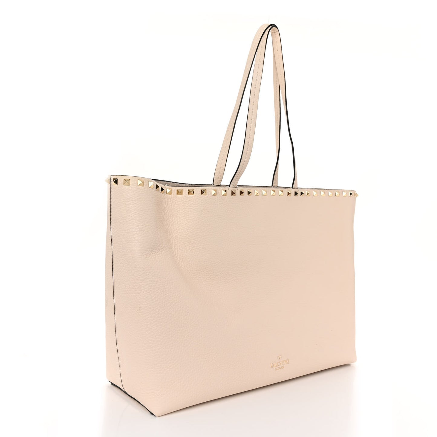 Grained Calfskin Rockstud Shoulder Tote Light Ivory
