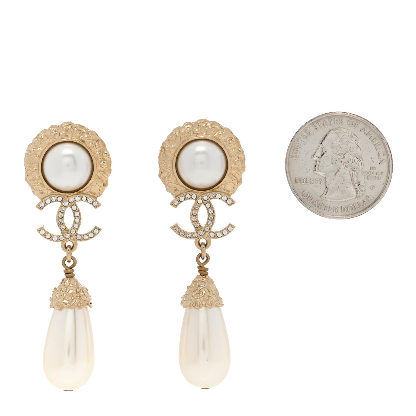 Metal Crystal Pearl CC Drop Earrings Gold