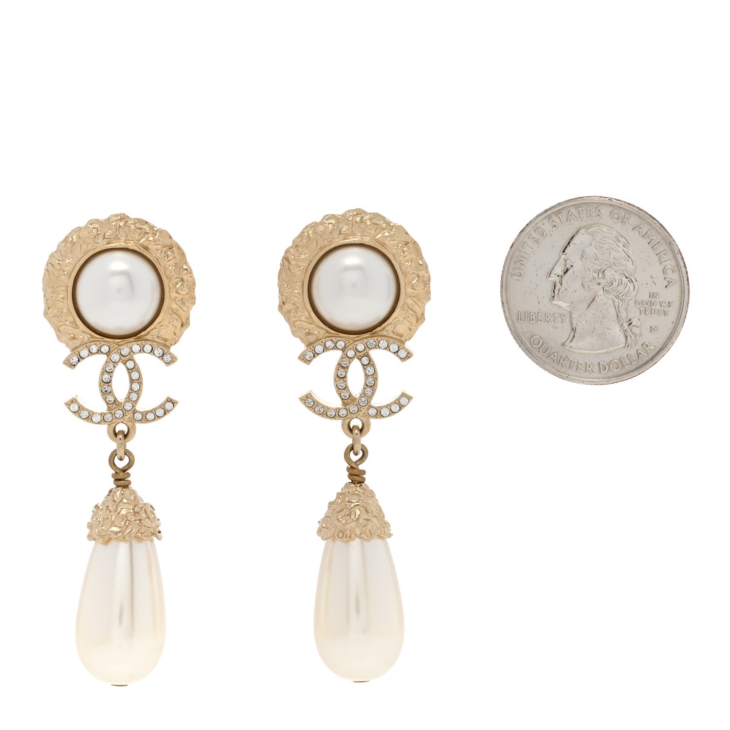 Chanel Metal Crystal Pearl CC Drop Earrings Gold 2 of 5