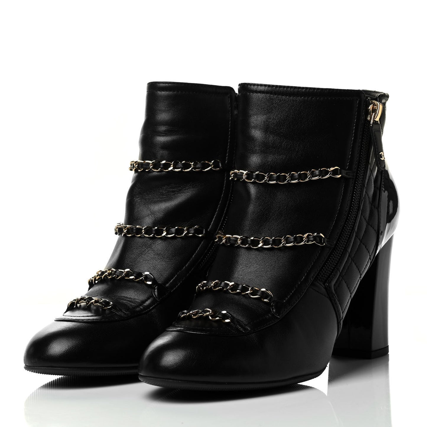 Lambskin Patent Calfskin Chain CC Short Boots 41 Black