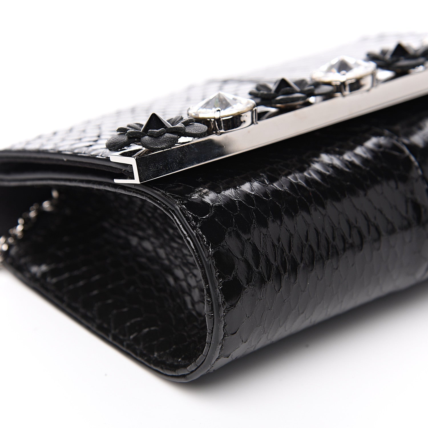 Fendi Snakeskin Crystal Flowerland Studded Mini Rush Clutch Black 7 of 10