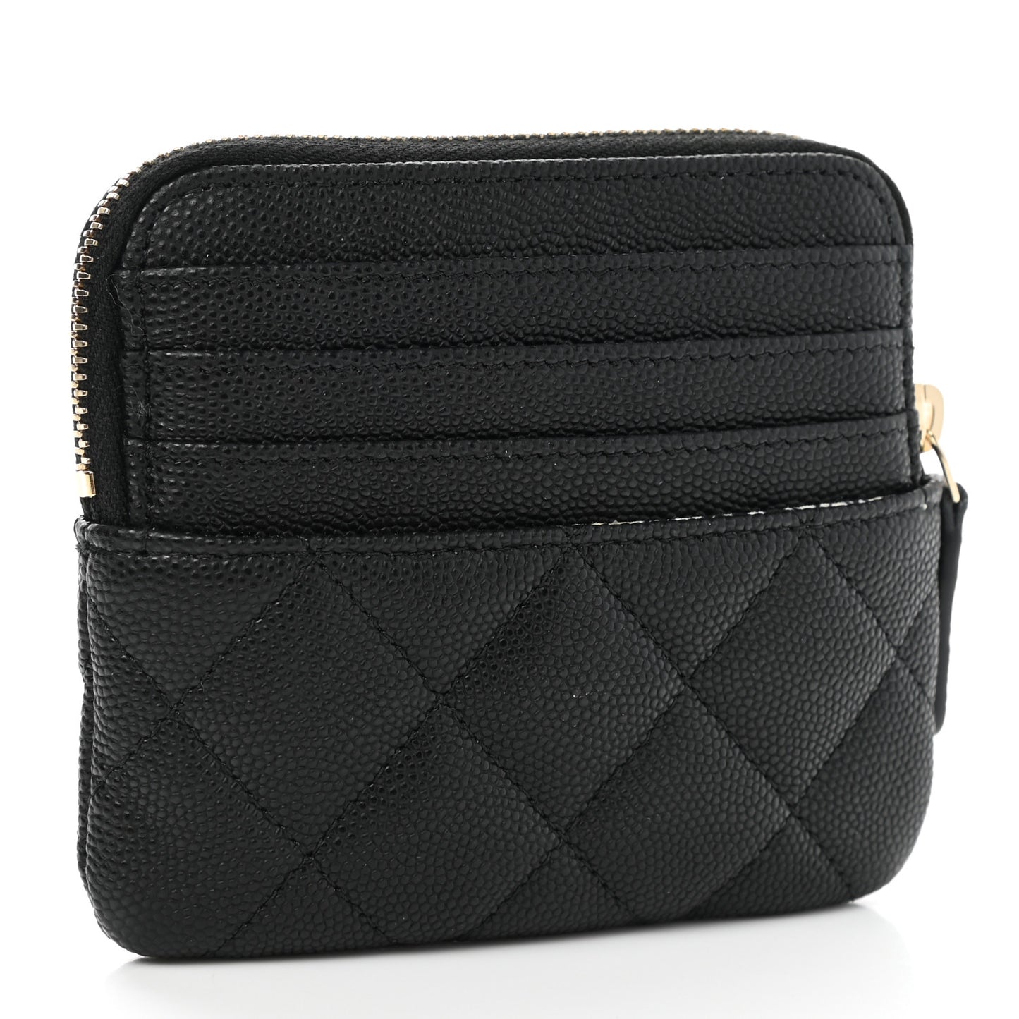Caviar Metal Quilted Striated Zip Card Holder Wallet Black