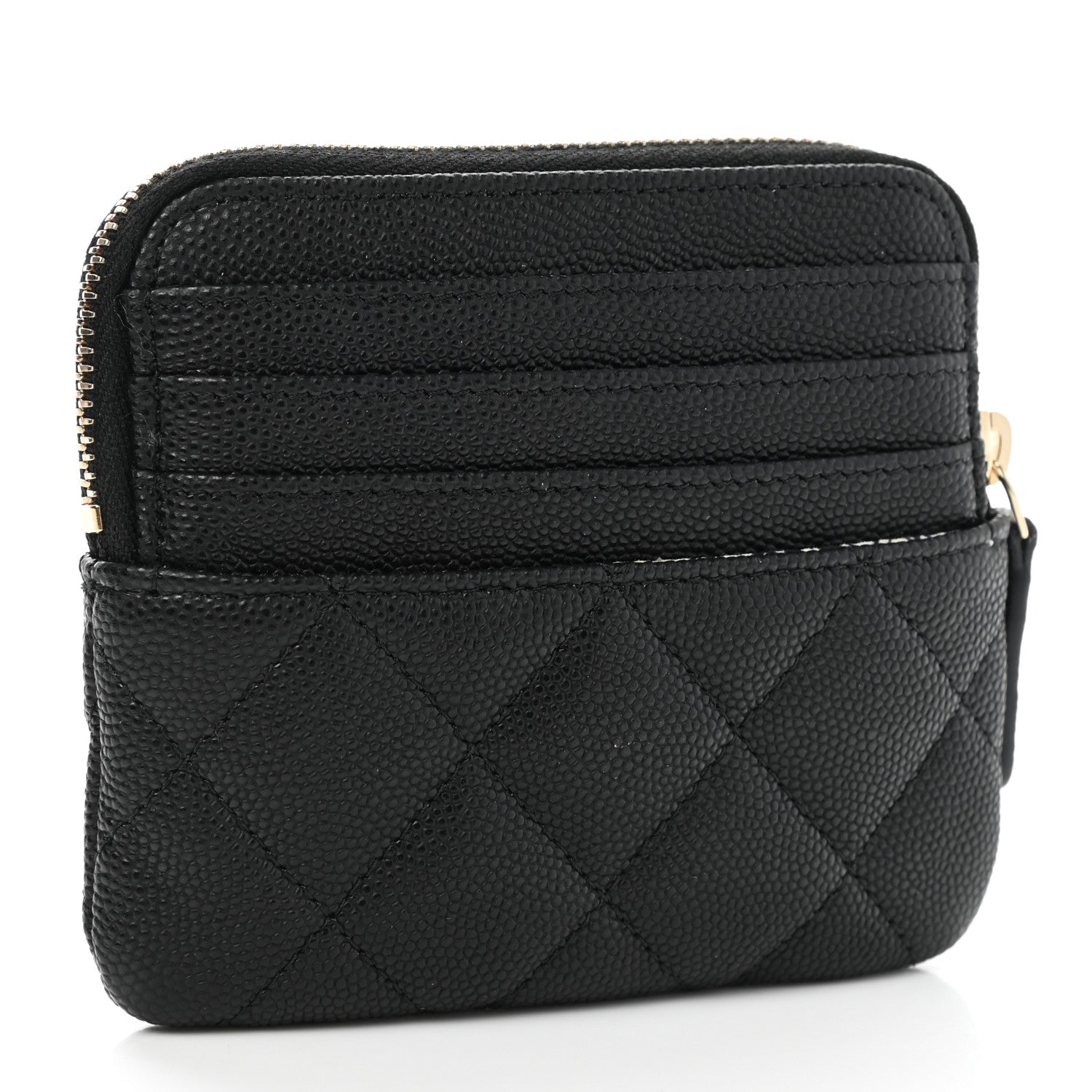Chanel Caviar Metal Quilted Striated Zip Card Holder Wallet Black 3 of 8