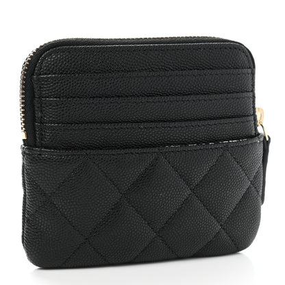 Chanel Caviar Metal Quilted Striated Zip Card Holder Wallet Black 3 of 8