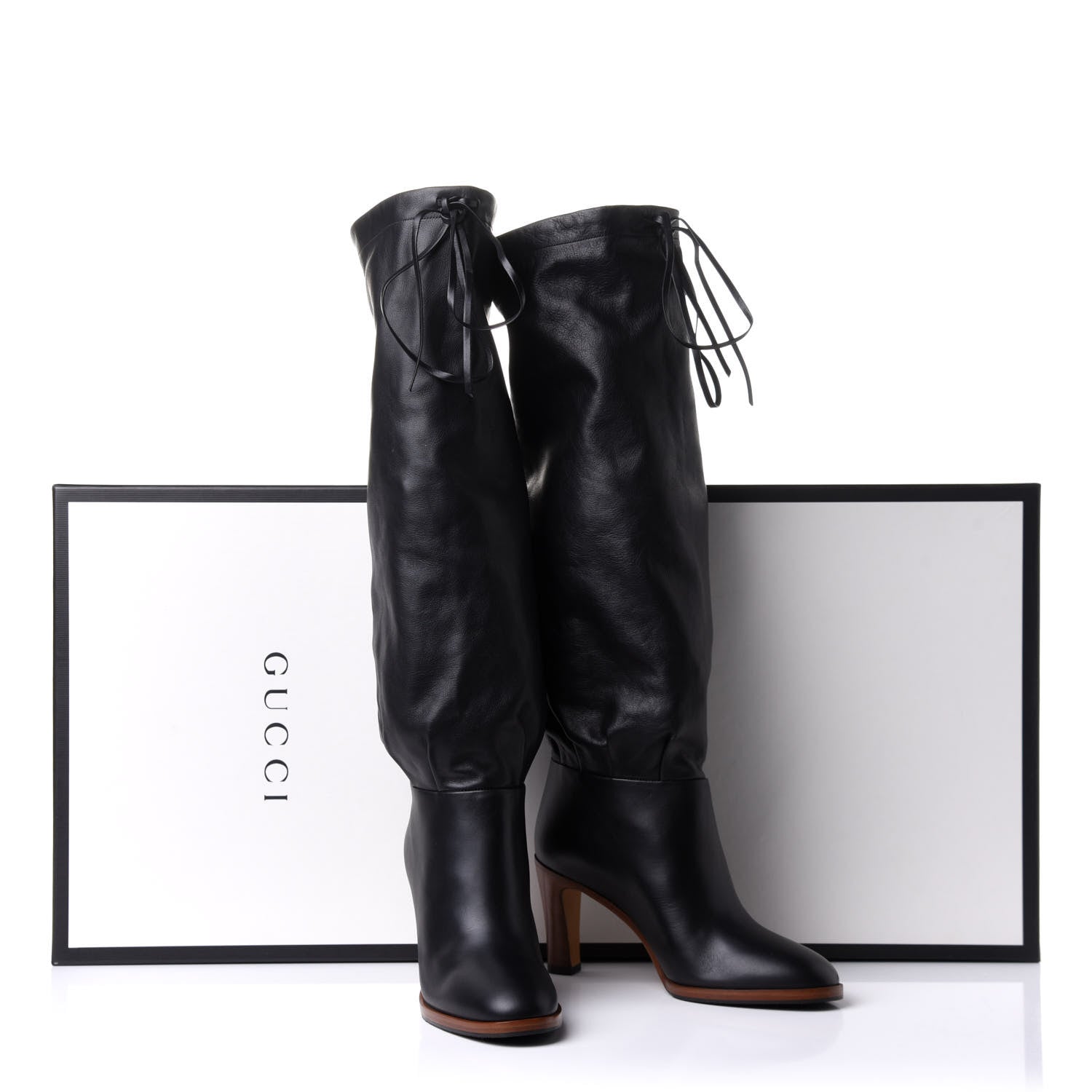 Gucci Deauville Calfskin Cinched Knee High Boots 34.5 Black 9 of 9