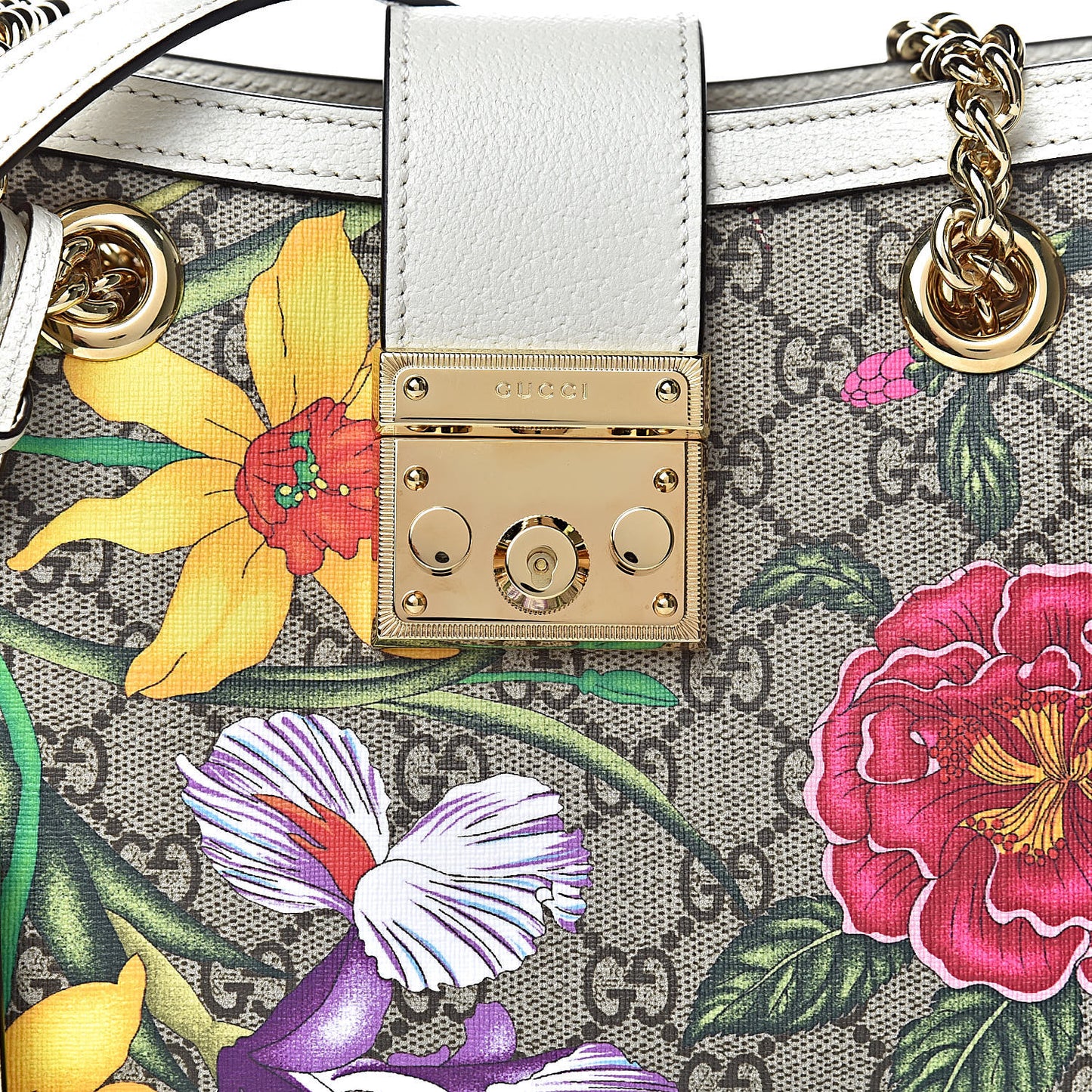 GG Supreme Monogram Flora Textured Calfskin Small Padlock Tote Beige Ebony Multicolor Mystic White