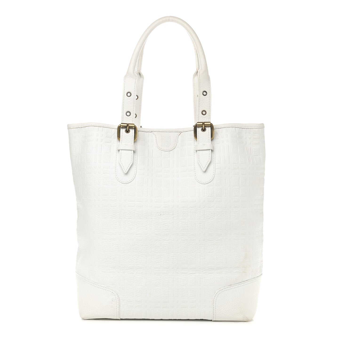 Signature Grain Calfskin Check Embossed Tote White