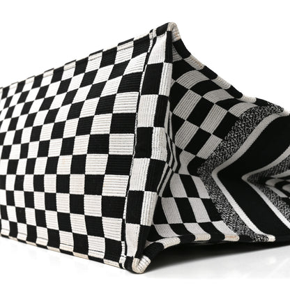 Christian Dior Canvas Embroidered Checkered Book Tote Black White 10 of 11