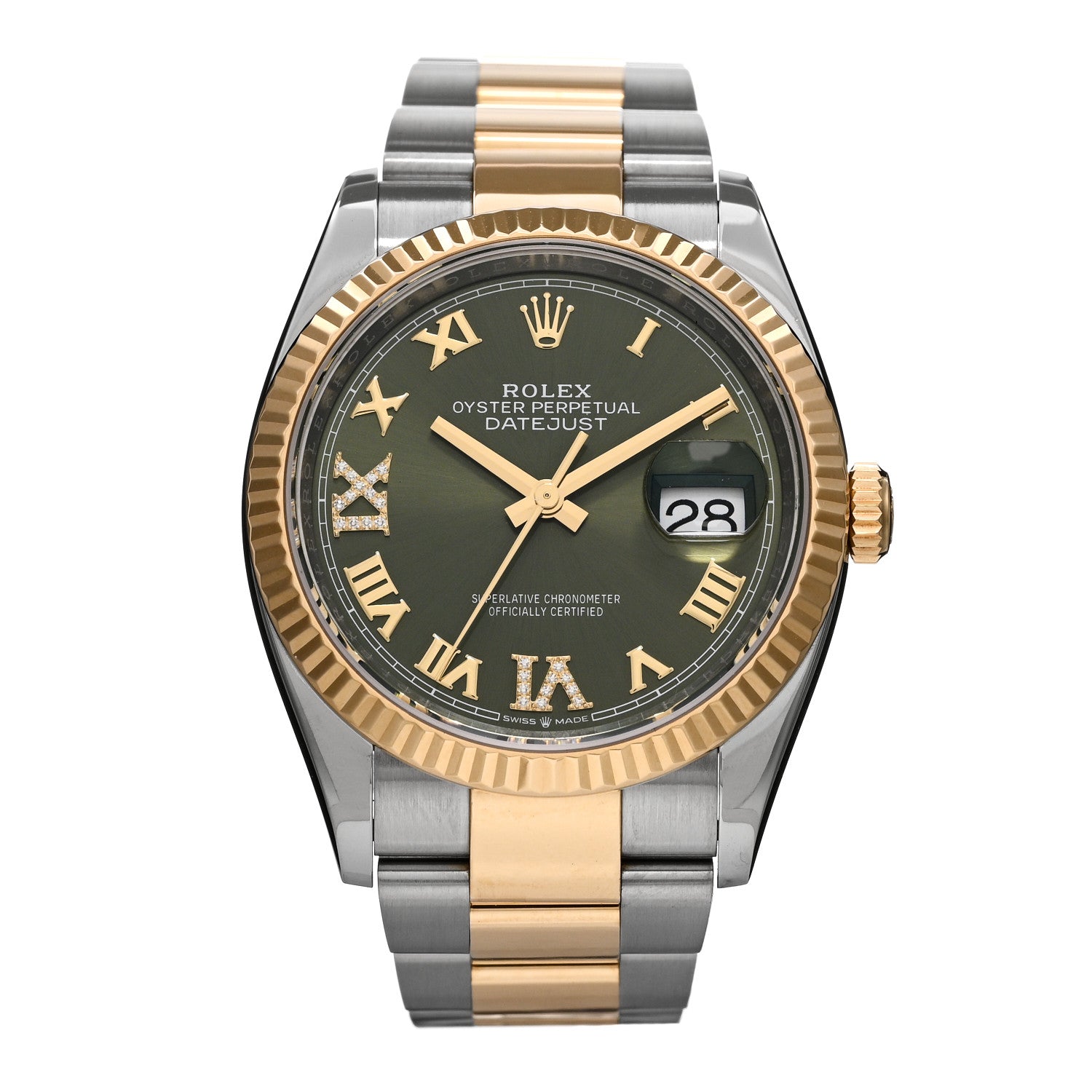 Rolex Stainless Steel 18K Yellow Gold Diamond 36mm Oyster Perpetual Datejust Watch Olive Green Roman 126233 1 of 5