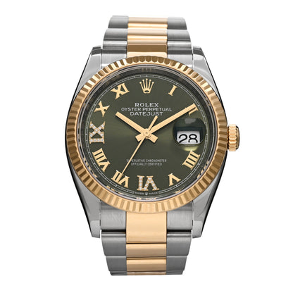 Rolex Stainless Steel 18K Yellow Gold Diamond 36mm Oyster Perpetual Datejust Watch Olive Green Roman 126233 1 of 5
