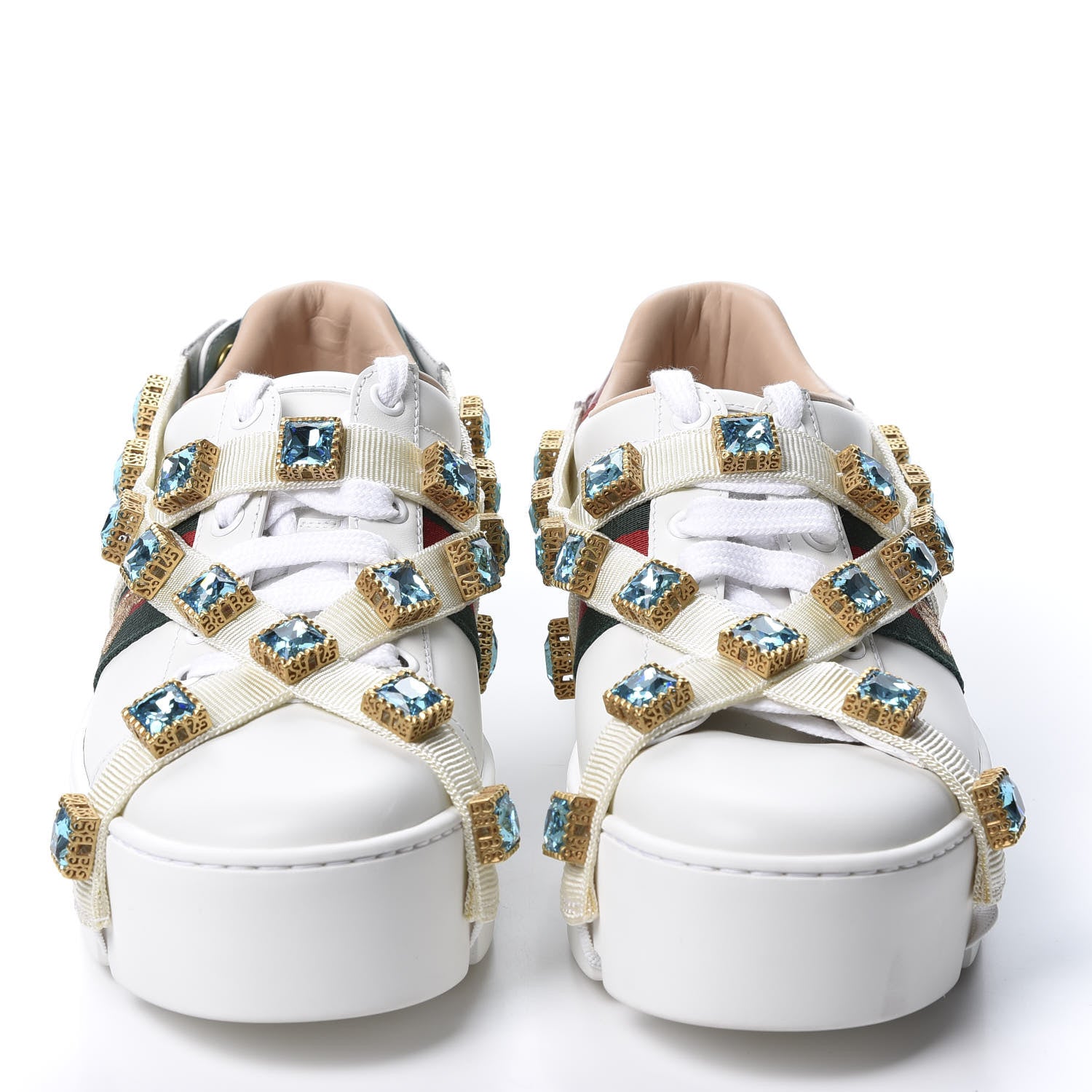 Gucci Calfskin Removable Crystals Bee Embroidered Womens Ace Platform Sneakers 36.5 White 2 of 11
