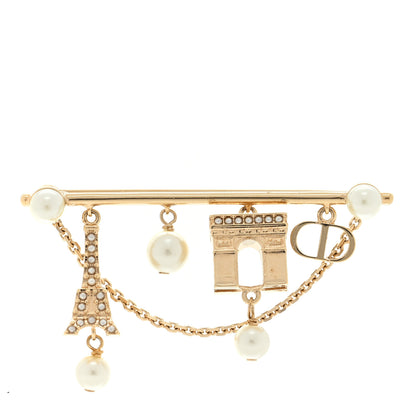 Christian Dior Pearl Crystal Plan de Paris Brooch Gold White 1 of 3