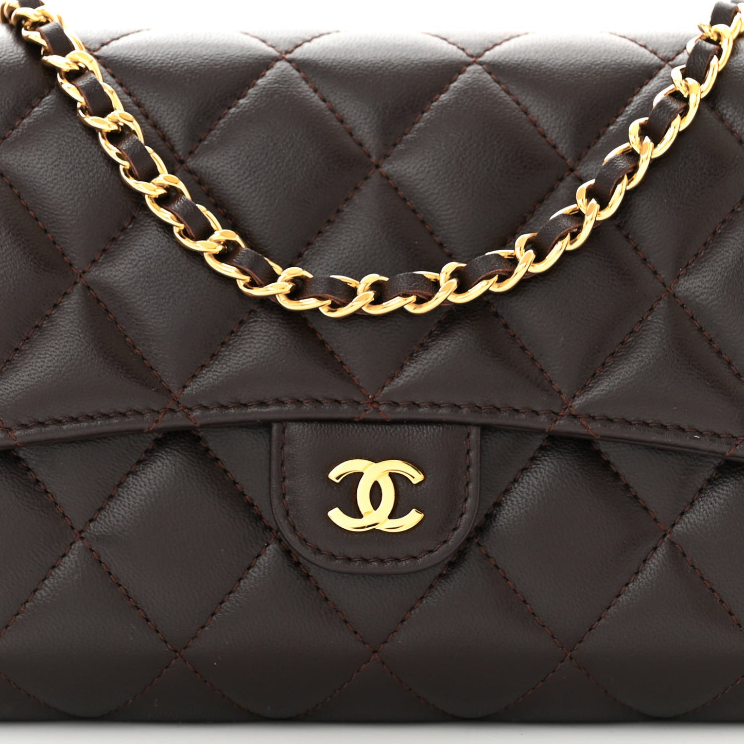 Lambskin Quilted Phone Holder Wallet on Removable Chain Brown