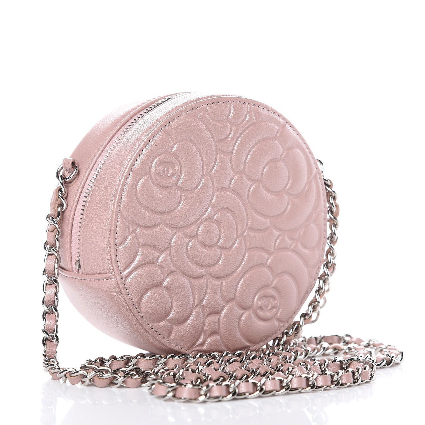 Goatskin Camellia Quilted Round Clutch With Chain Light Pink
