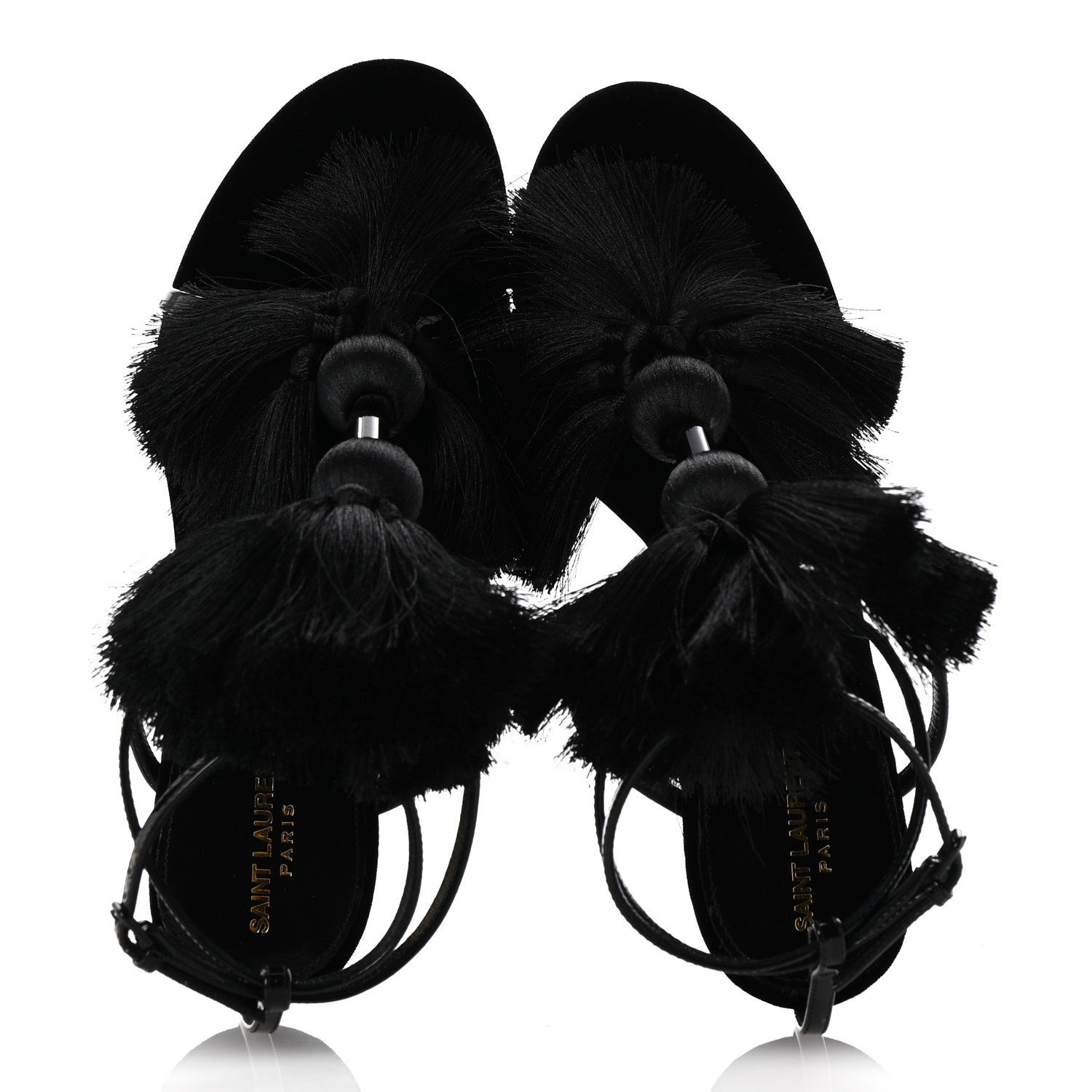 Saint Laurent Vernice Chiffon Tassel Embellished Pierre Pon Pon 110 Sandals 38.5 Black 2 of 9