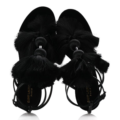 Saint Laurent Vernice Chiffon Tassel Embellished Pierre Pon Pon 110 Sandals 38.5 Black 2 of 9