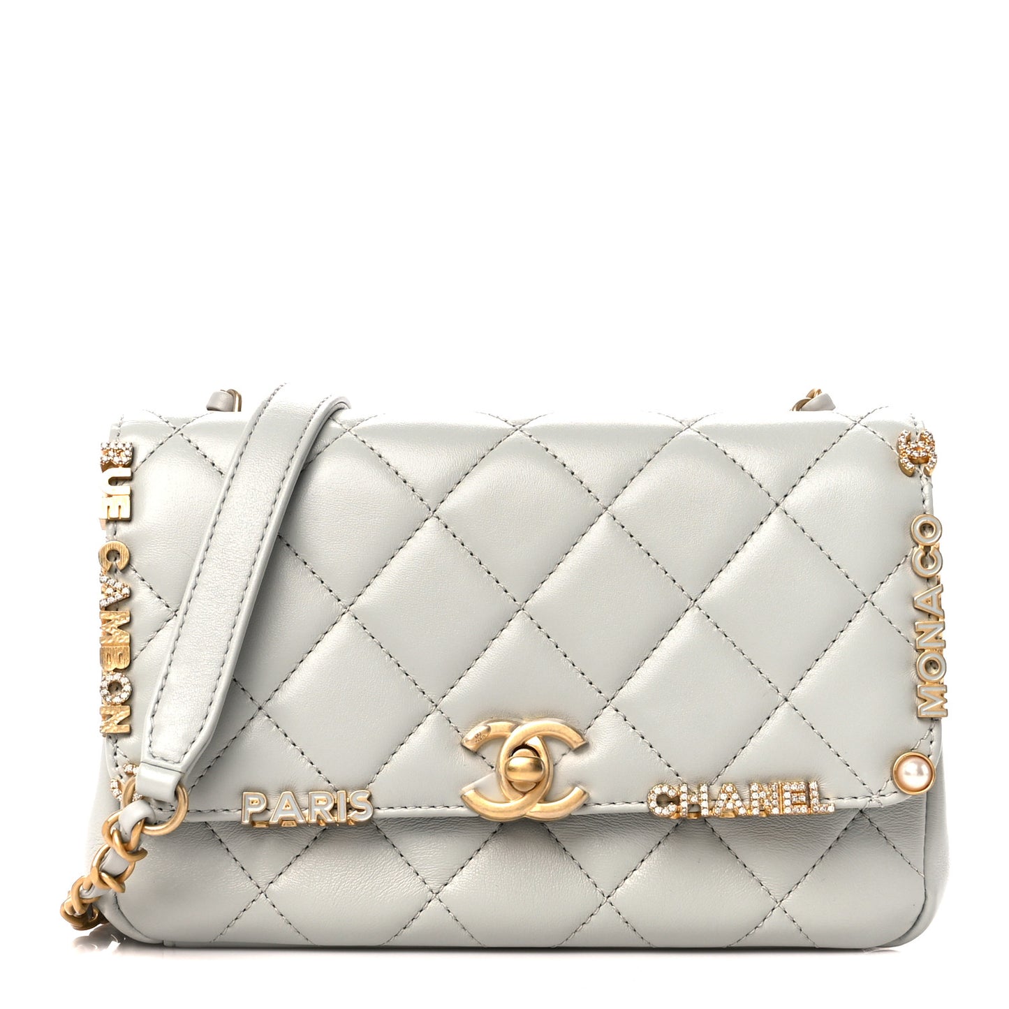 Lambskin Enamel Strass Quilted Mini Paris Monaco Flap Light Grey