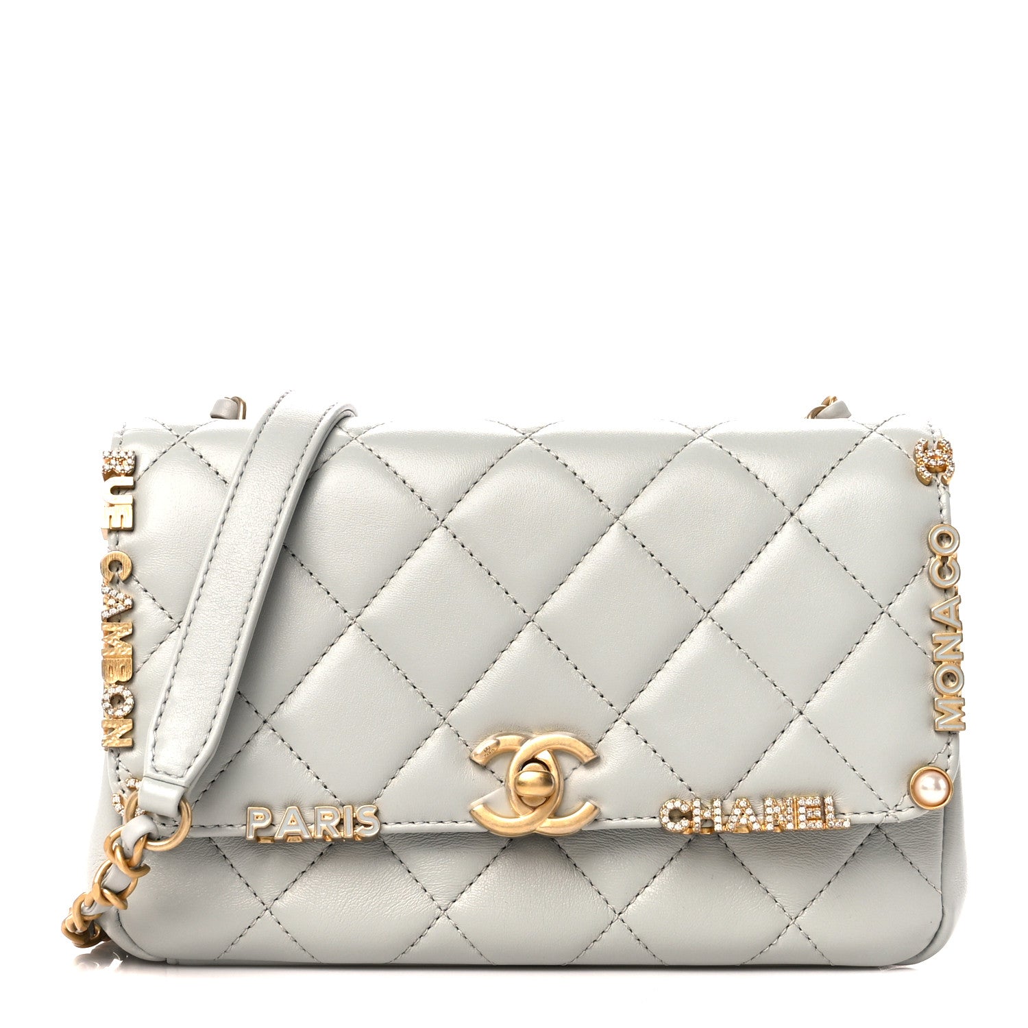 Chanel Lambskin Enamel Strass Quilted Mini Paris Monaco Flap Light Grey 1 of 10