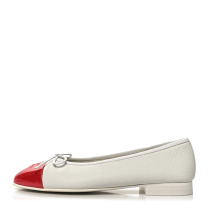 Chanel Patent Calfskin CC Cap Toe Ballerina Flats 36.5 White Red 1 of 9