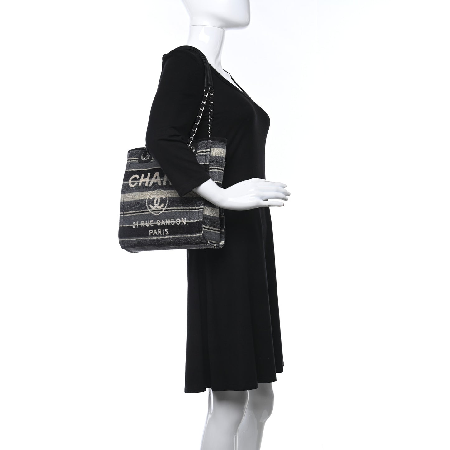 Striped Canvas Mini Deauville Tote Dark Grey