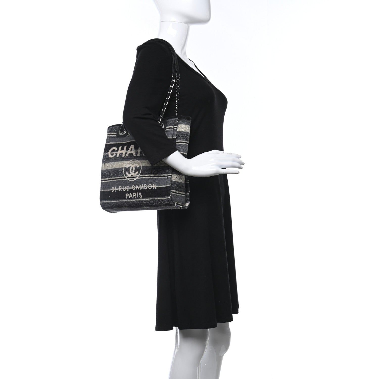 Chanel Striped Canvas Mini Deauville Tote Dark Grey 2 of 7