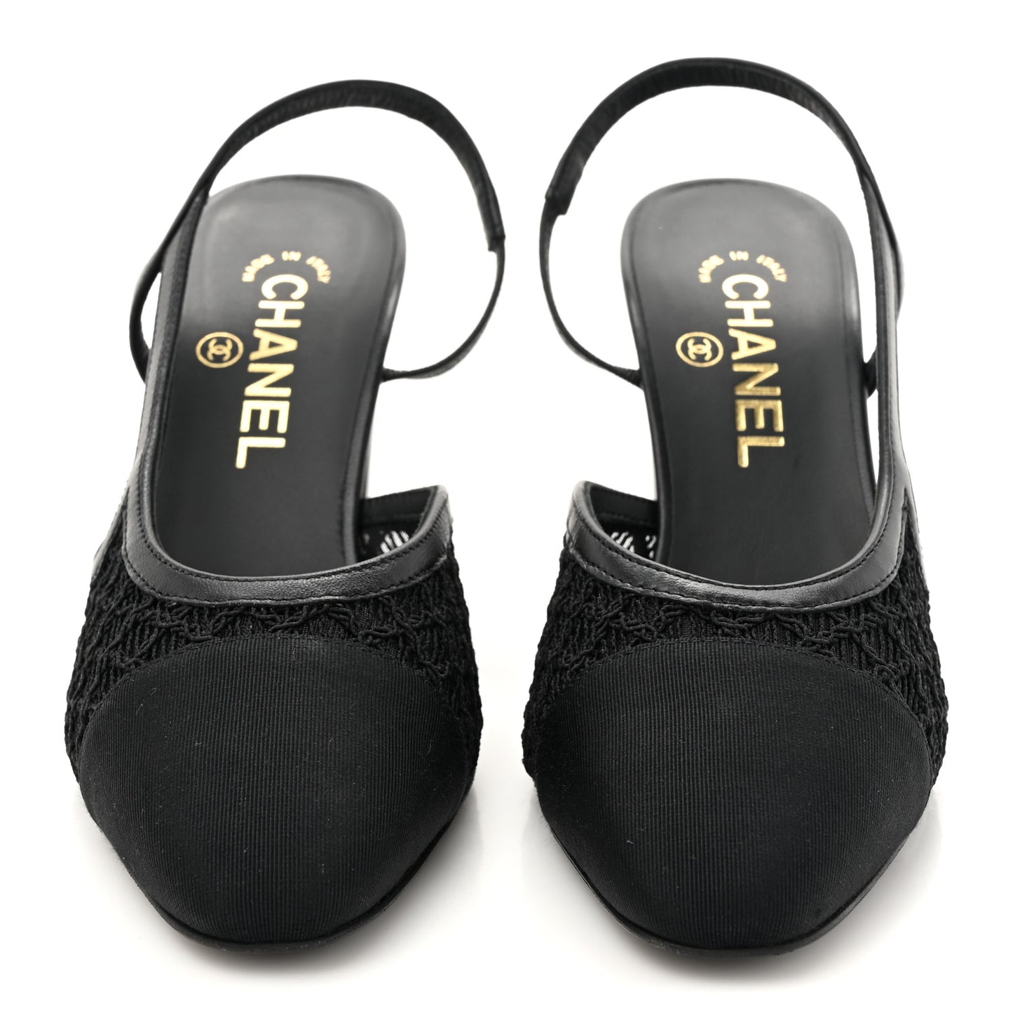 Fabric Embroidery Grosgrain Cap Toe CC Slingback Pumps 37 Black