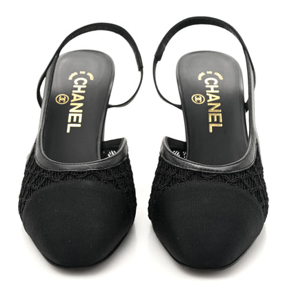 Chanel Fabric Embroidery Grosgrain Cap Toe CC Slingback Pumps 37 Black 3 of 8