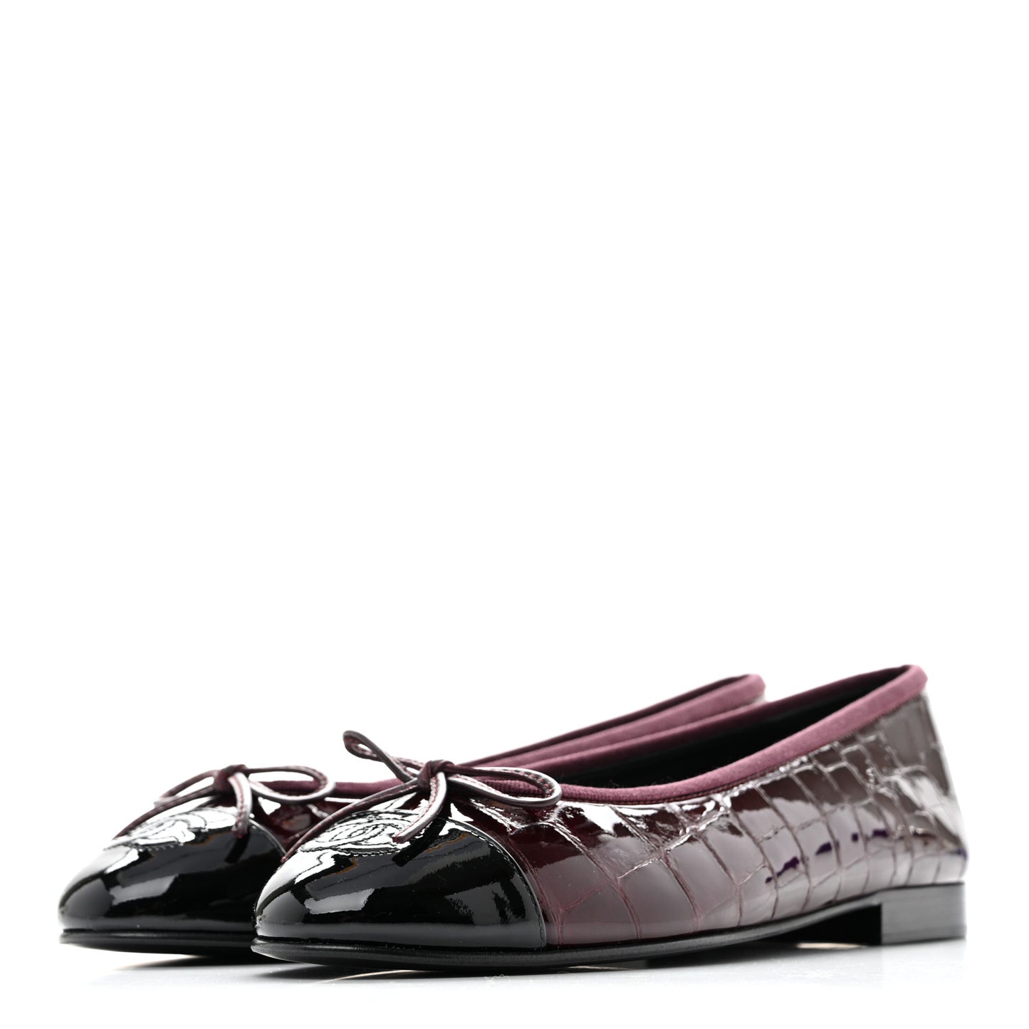 Patent Calfskin Crocodile Embossed Ballerina Flats 37 Dark Burgundy Black