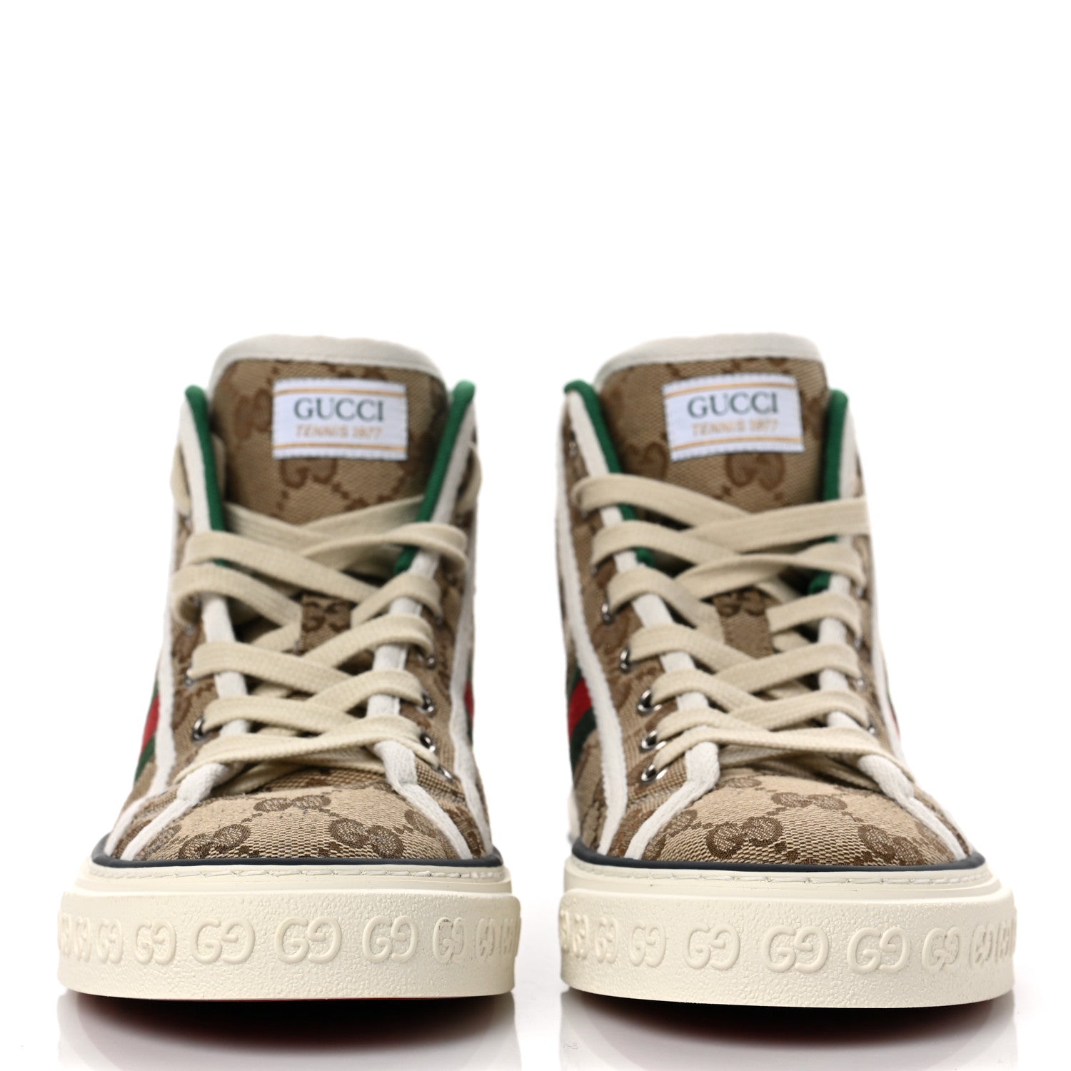Gucci GG Monogram Web Womens 1977 Tennis High Top Sneakers 39 Beige Ebony Mystic White 2 of 8
