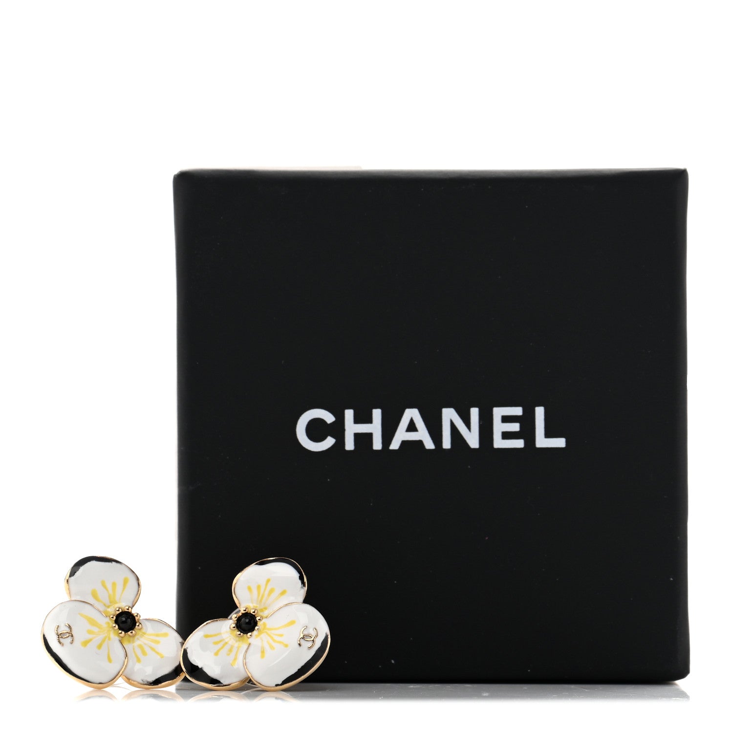 Chanel Metal Resin Glass Pearl CC Flower Stud Earrings  Gold White Black 5 of 5