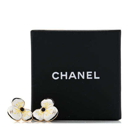 Chanel Metal Resin Glass Pearl CC Flower Stud Earrings  Gold White Black 5 of 5