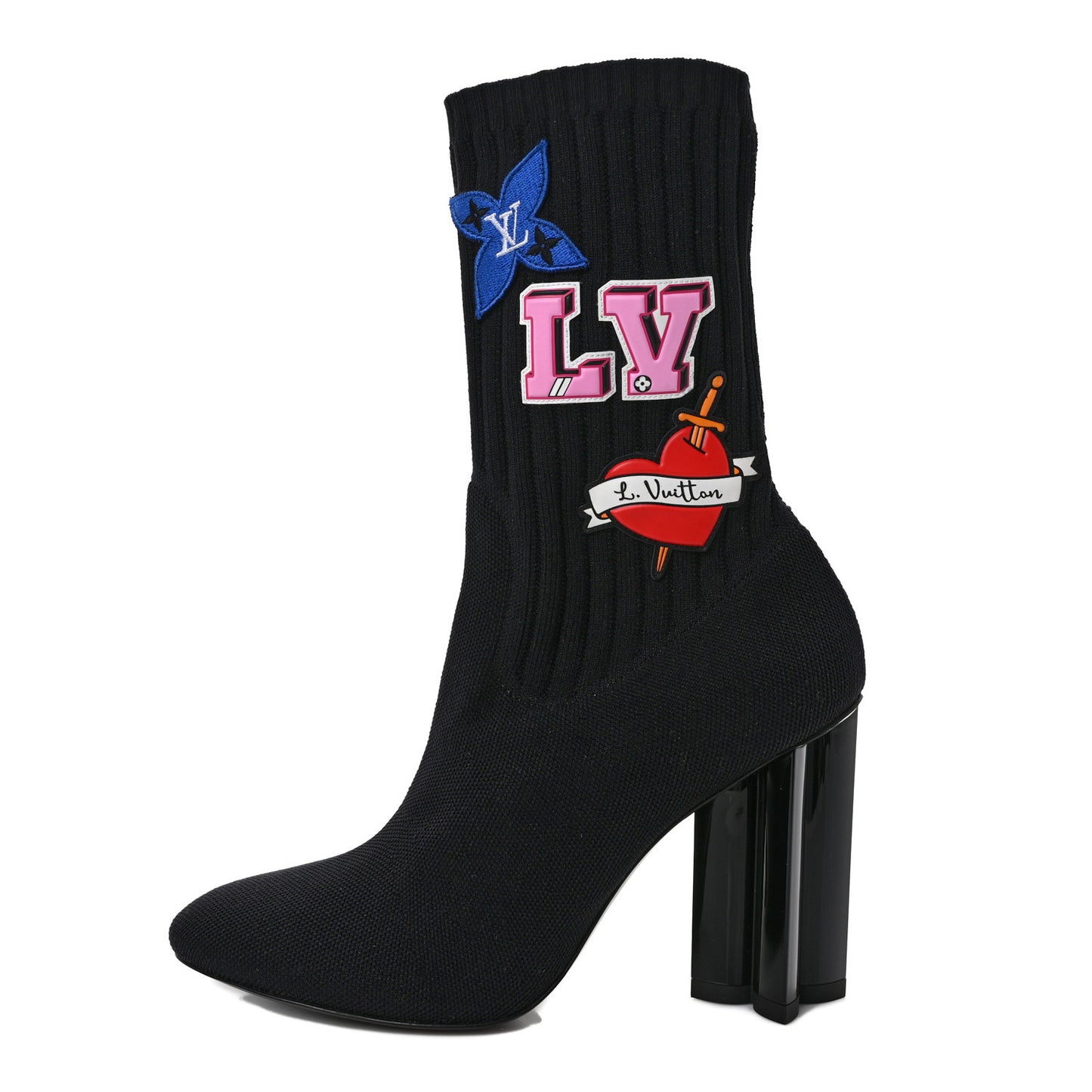 Stretch Fabric LV Black Heart Sock Ankle Boots 38 Black