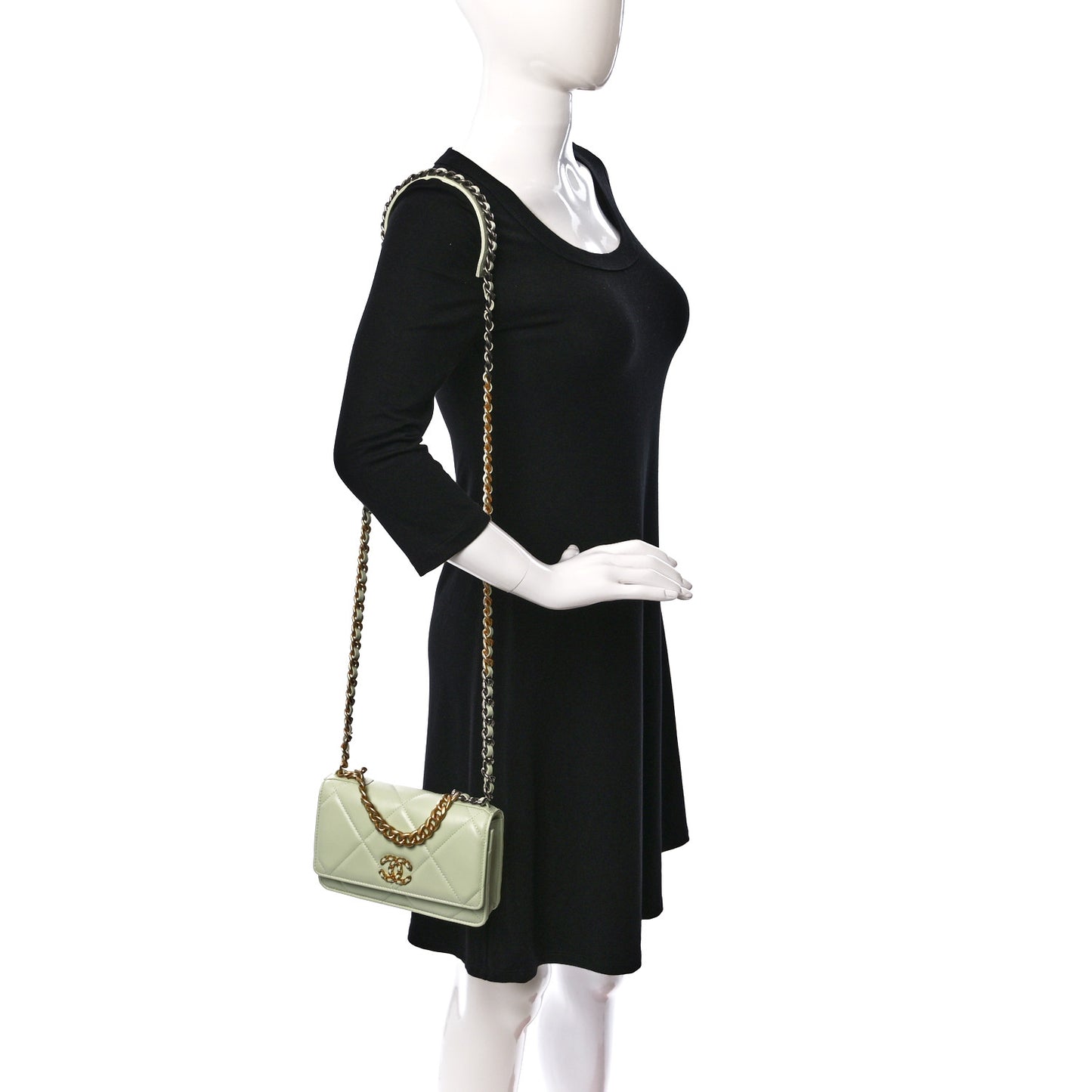 Lambskin Quilted Chanel 19 Wallet On Chain WOC Light Green