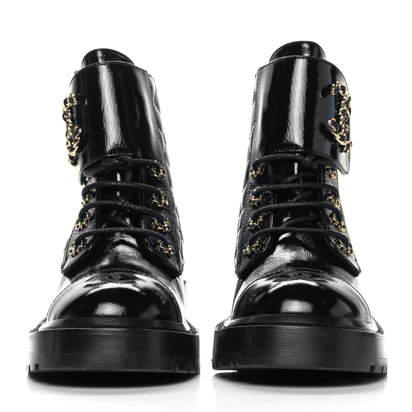 Shiny Calfskin Quilted Lace Up Combat Boots 36 Black