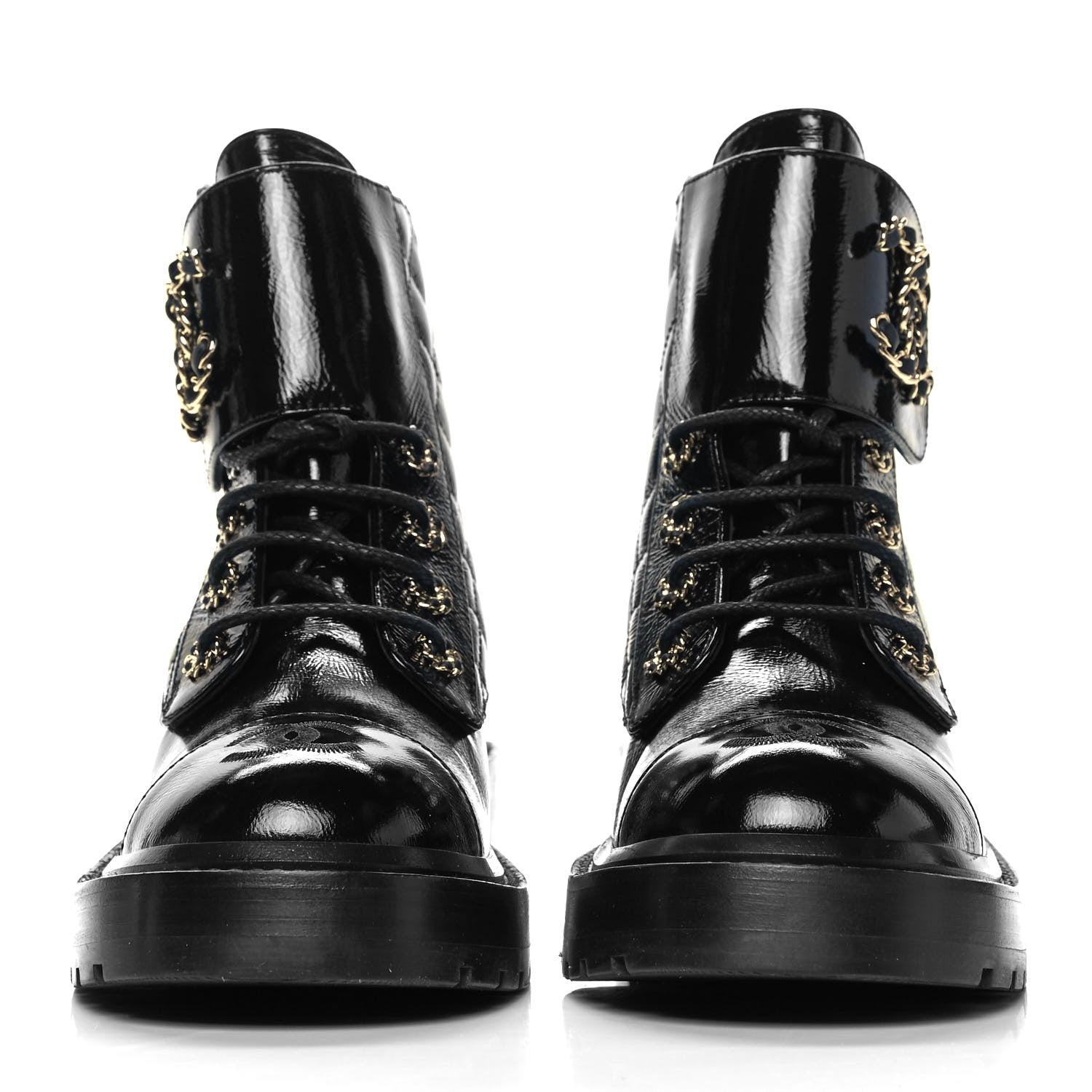 Chanel Shiny Calfskin Quilted Lace Up Combat Boots 36 Black 2 of 8
