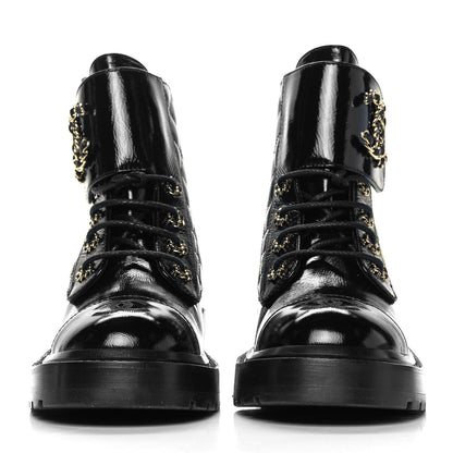 Chanel Shiny Calfskin Quilted Lace Up Combat Boots 36 Black 2 of 8