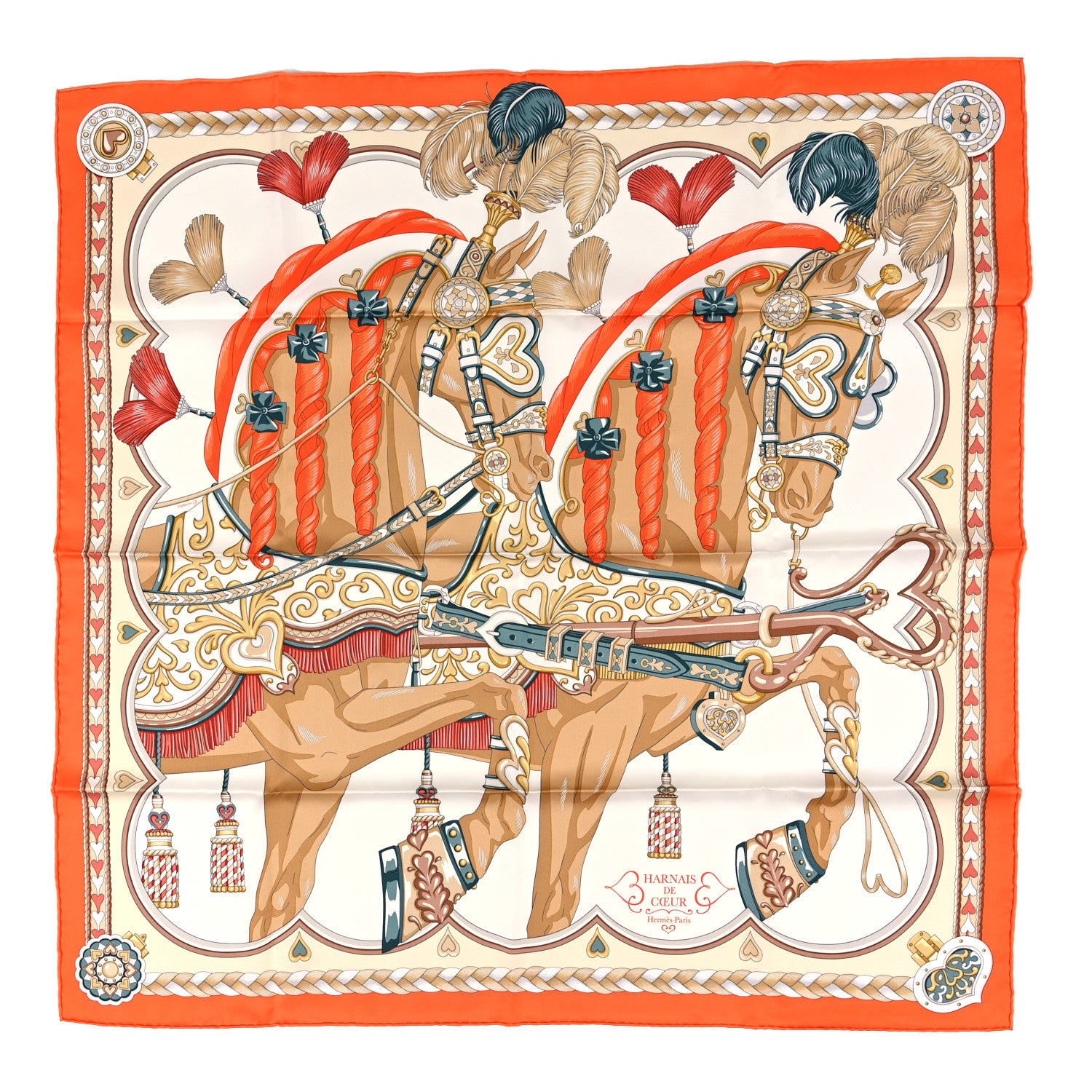 Hermes Silk Harnais De Cour Scarf 90 Orange White Beige 1 of 3