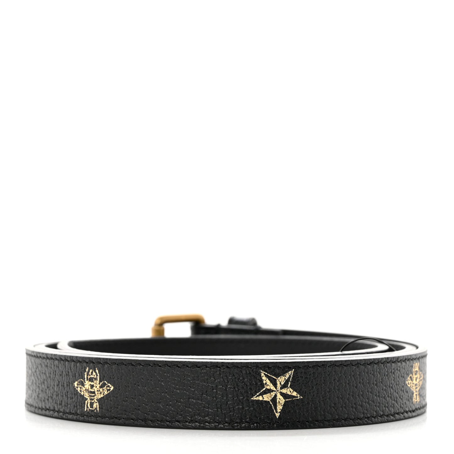 Textured Dollar Calfskin Bees And Stars Print Womens 20mm Belt 95 38 Black Gold