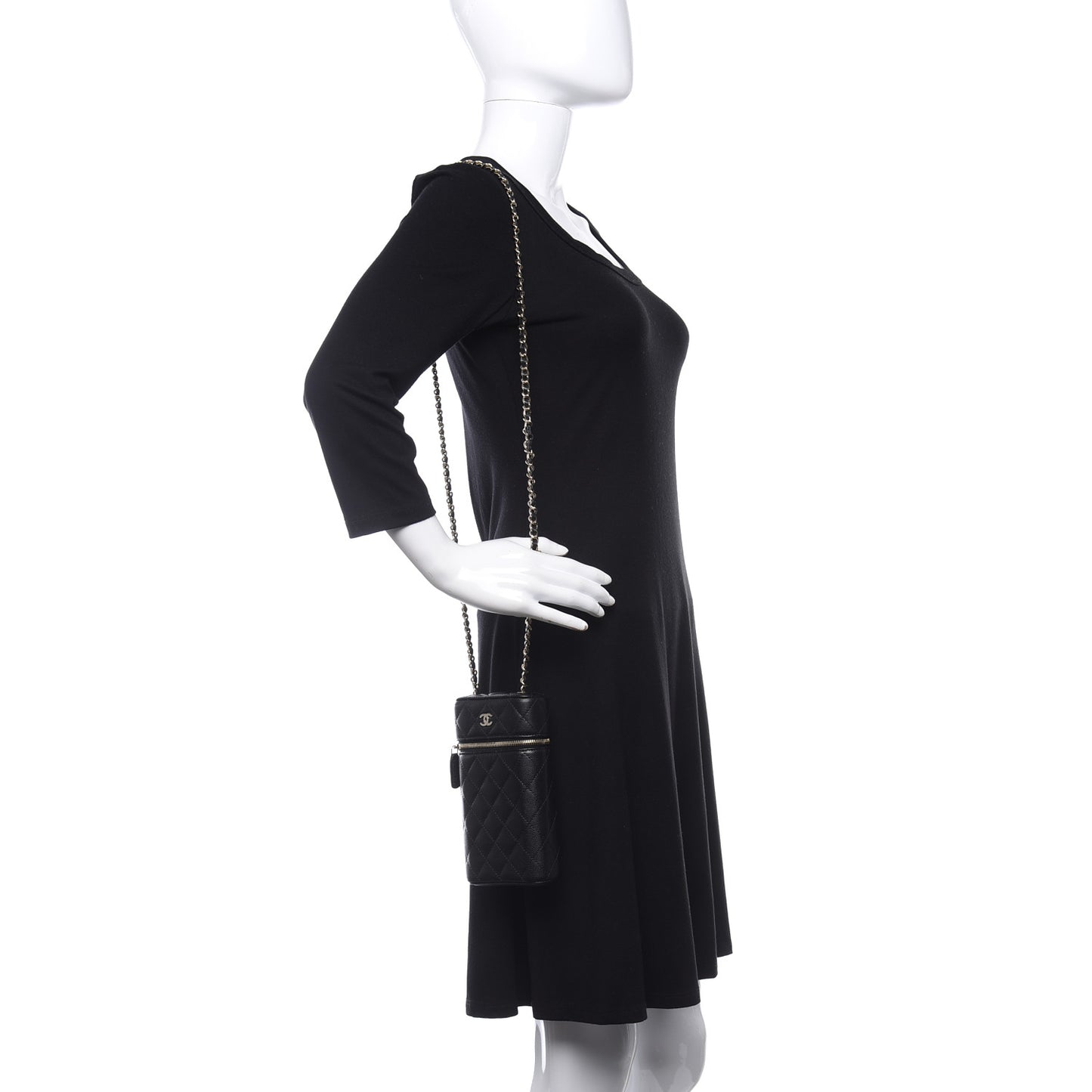 Caviar Quilted Phone Holder With Chain Black