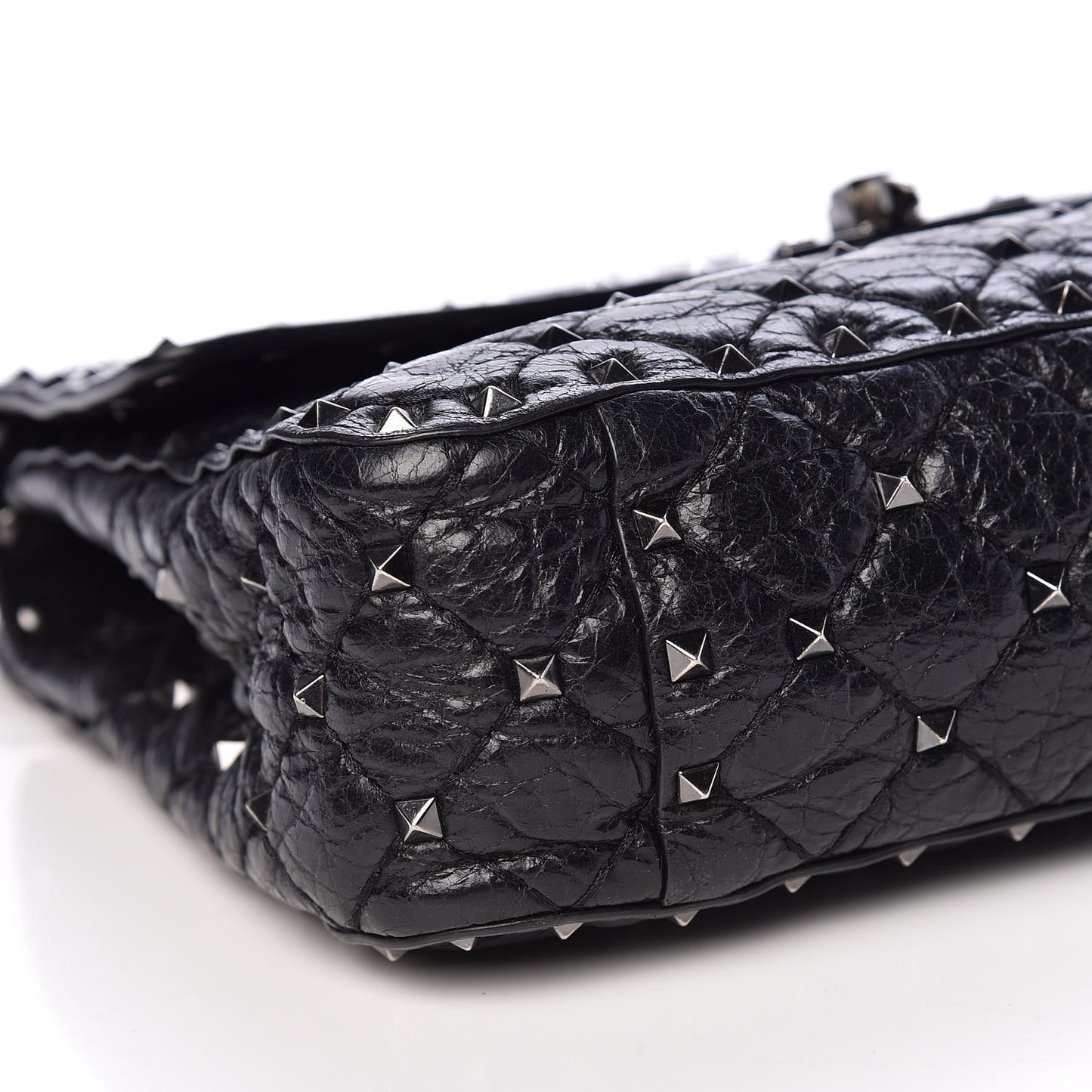 Craquele Nappa Medium Rockstud Spike Shoulder Bag Black