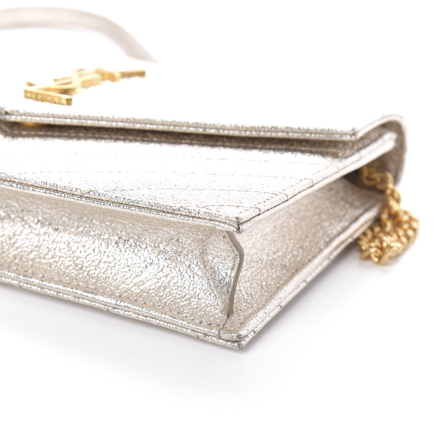 Saint Laurent Metallic Grain De Poudre Matelasse Chevron Monogram Chain Wallet Gold 8 of 9